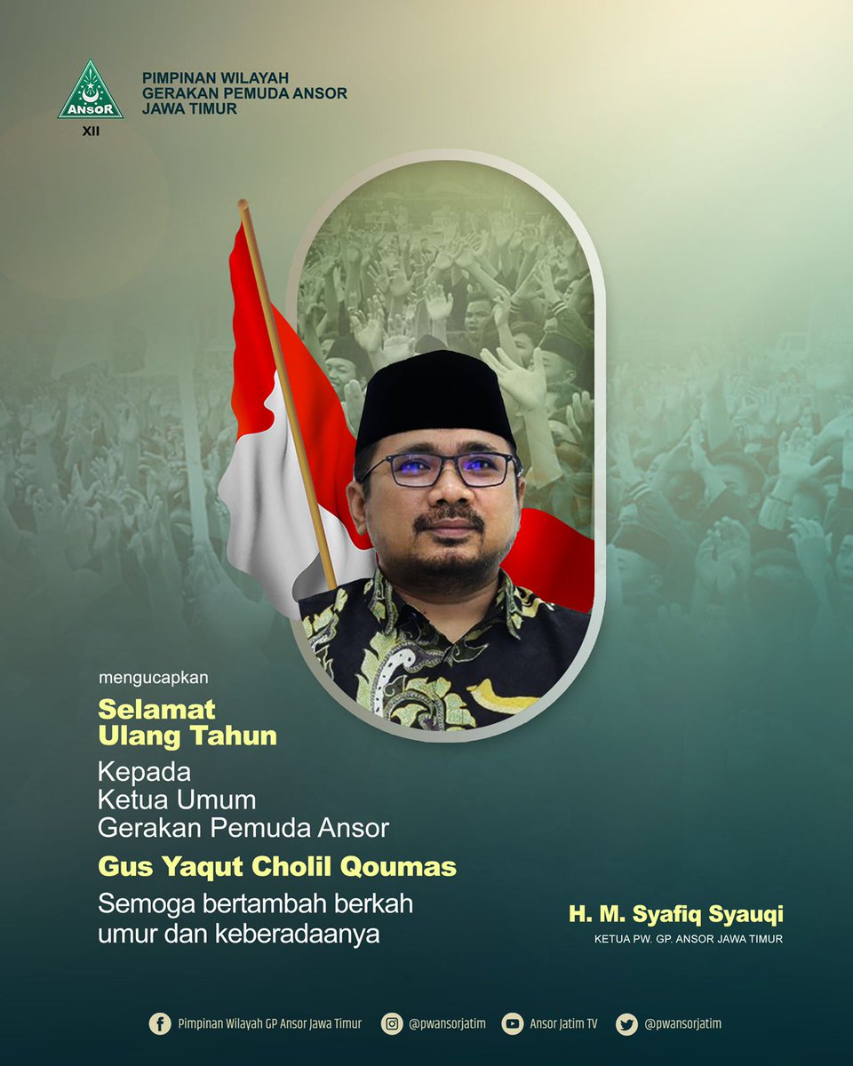Selamat ulang tahun Gus Ketum kami <a href="/Ansor_Satu/">yaqut cholil qoumas</a> <a href="/YaqutCQoumas/">Yaqut Cholil Qoumas</a> 
Panjang Usia - Panjang Khidmah Perjuangan.