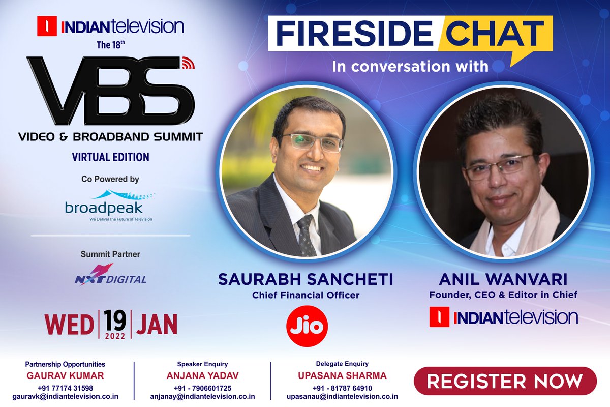 ITVNewz's tweet photo. Join an Interesting Fireside Chat between @reliancejio Platforms' #SaurabhSancheti & https://t.co/t2GZlpmFo3 #AnilWanvari
@theNXTDigital @broadpeak
#VBS2022 | Look Forward to E-Host you on 19th January 2022, 10 AM onwards
Registration Link: https://t.co/w5ibCLZMz6
#VBS2022 https://t.co/JrIYXhVdV8