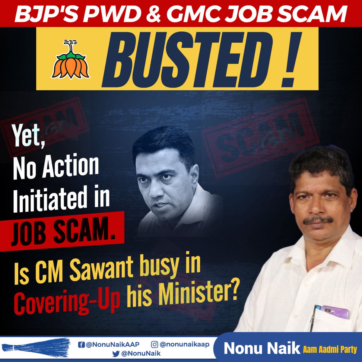 NonuNaik's tweet photo. BJP's PWD &amp; GMC Job Scam is exposed in public. However, CM Sawant has not yet initiated any probe against Minister. Why is BJP so scared?
#AAP4Goa https://t.co/s7B1EbhKtB