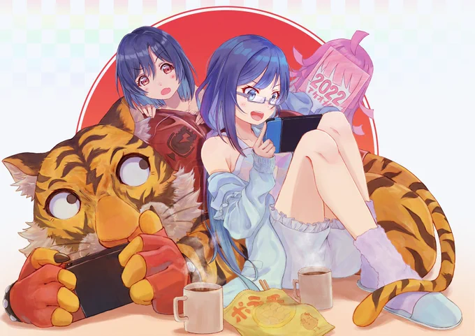 「推しとゲームする今年の干支の図」
少し遅くなりましたが描き初め完成しました～!
改めて2022年もよろしくお願いします!
#lovelive
#虹ヶ咲 
#優木せつ菜
#天王寺璃奈
#三船栞子 
