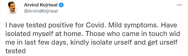 ANI's tweet photo. Delhi CM Arvind Kejriwal tests positive for COVID-19 https://t.co/SoVSfTP3Jf