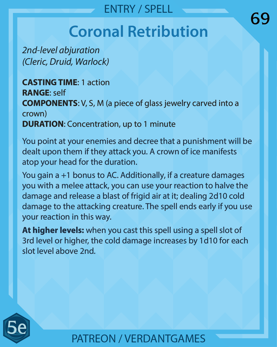 verdantgames5e's tweet photo. Coronal retribution, 2nd-level abjuration

You decree a punishment onto the next creature to attack you; damaging it when it hits

Art by @ossocavo

#foregonecompendium #dnd #dnd5e #dndhomebrew #homebrew #dndspells #5espells #patreon #patreoncreator #ttrpg #ttrpgfamily #d20 https://t.co/NXnhS498Jj