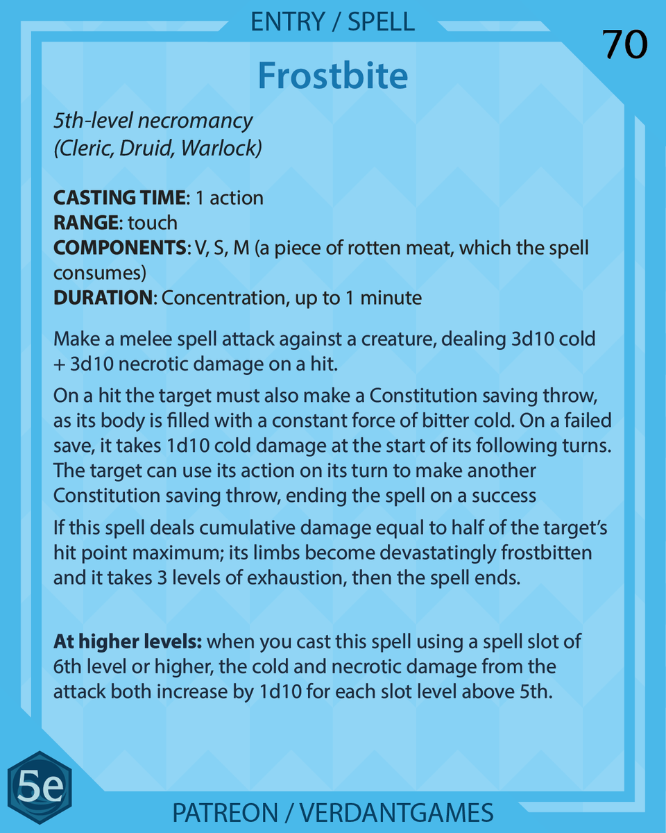 verdantgames5e's tweet photo. Frostbite, 5th-level necromancy

You strike a creature with a force of bitter cold, rotting its appendages

Art by @ossocavo

#foregonecompendium #dnd #dnd5e #dndhomebrew #homebrew #dndspells #5espells #patreon #patreoncreator #ttrpg #ttrpgfamily #d20 https://t.co/kl6XLiEX7f