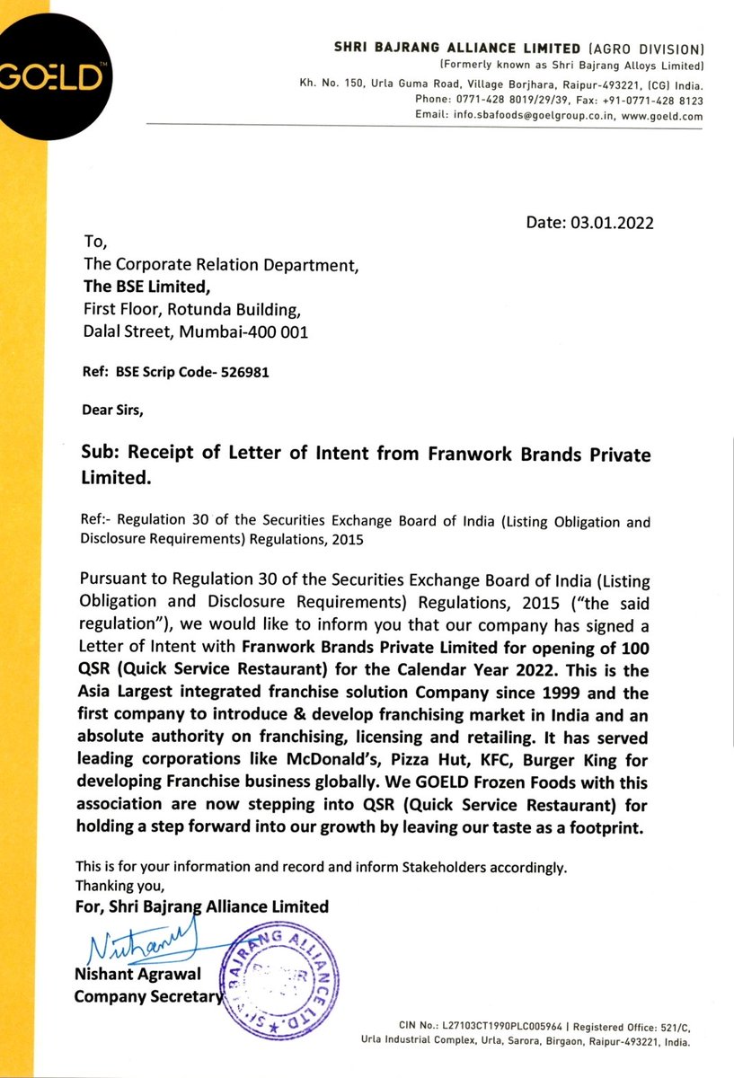 SpectrumInvest3's tweet photo. #Shribajrangallianceltd
#sbal
#goeld
#frozenfoods
LOI from franworks to operare 100
QSR restaurants
Looks interesting https://t.co/LMr79PRuPx