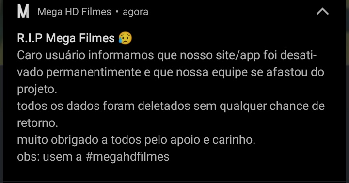 neliocmartins's tweet photo. Não dá pra ser feliz nesse mundo da pirataria.
R.I.P. #megahdfilmes https://t.co/5gn2sLONTG