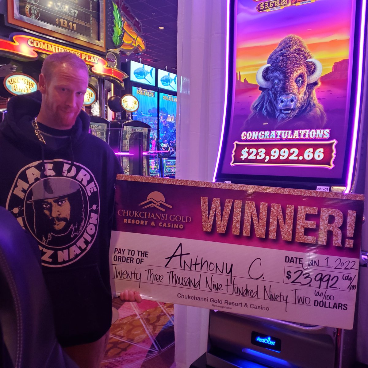 ChukchansiGold's tweet photo. Anthony from Coarsegold started 2022 with a $23,992 #jackpot WIN! Perfect way to ring in the new year🎉 #FeelTheFun #ONLYatChukchansi https://t.co/0J3LHY3GqX
