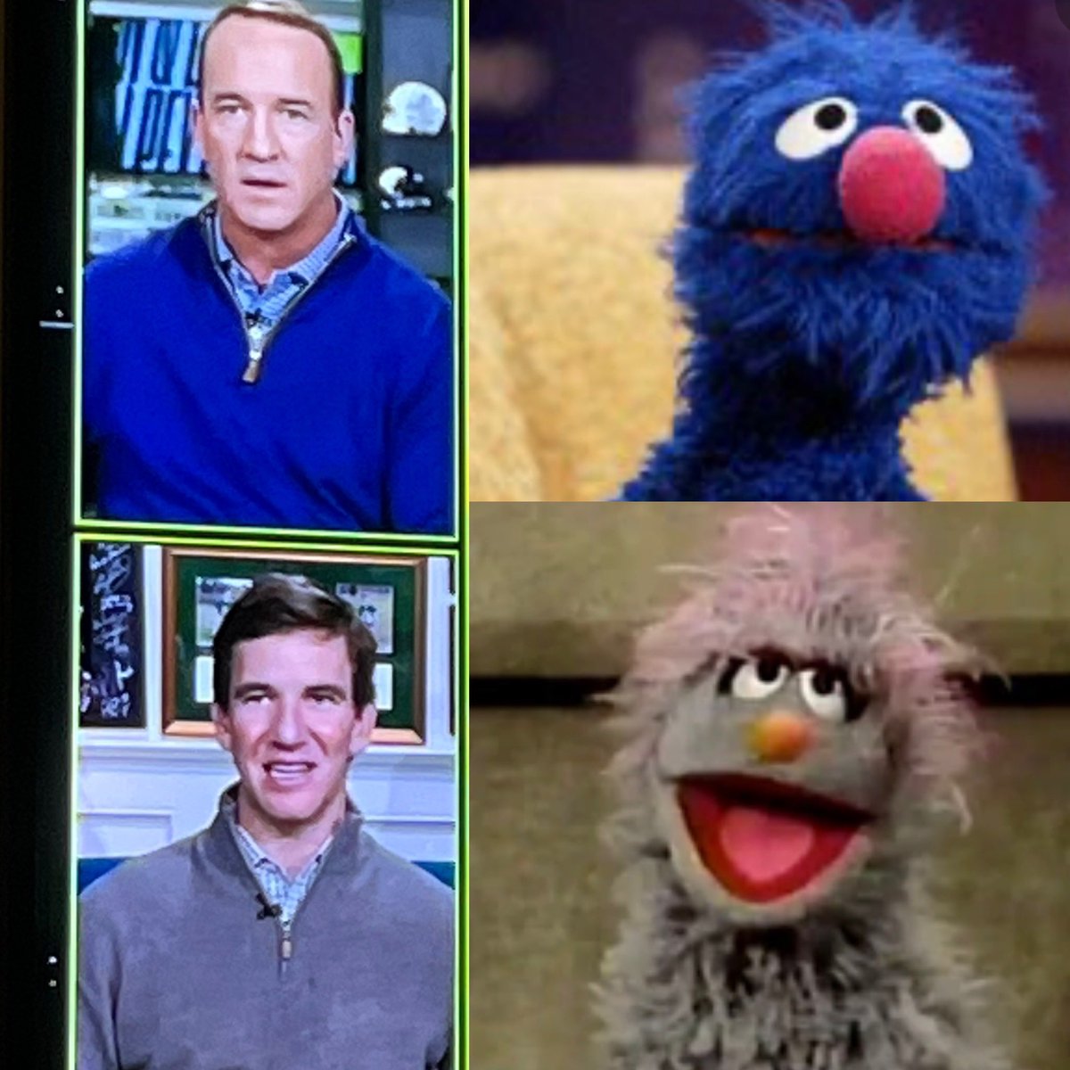 BlaineRN's tweet photo. #CLEvsPIT edition of who wore it better. @EliManning @NFL @steelers @Browns #mnf #PeytonandEli #brothers #sesamestreet #garythegrouch #grover #Steelers #Browns https://t.co/1hhSvJFXxh