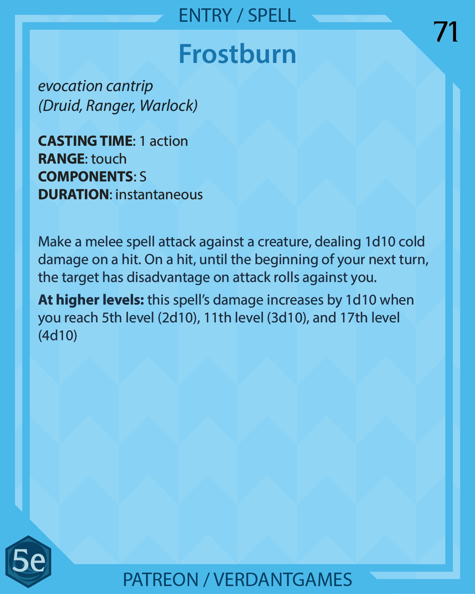 verdantgames5e's tweet photo. Frostburn, evocation cantrip

You attack a creature; dealing cold damage and limiting the its ability to attack you

Art by @ossocavo

#foregonecompendium #dnd #dnd5e #dndhomebrew #homebrew #dndspells #5espells #patreon #patreoncreator #ttrpg #ttrpgfamily #d20 https://t.co/WEVCs09kmp