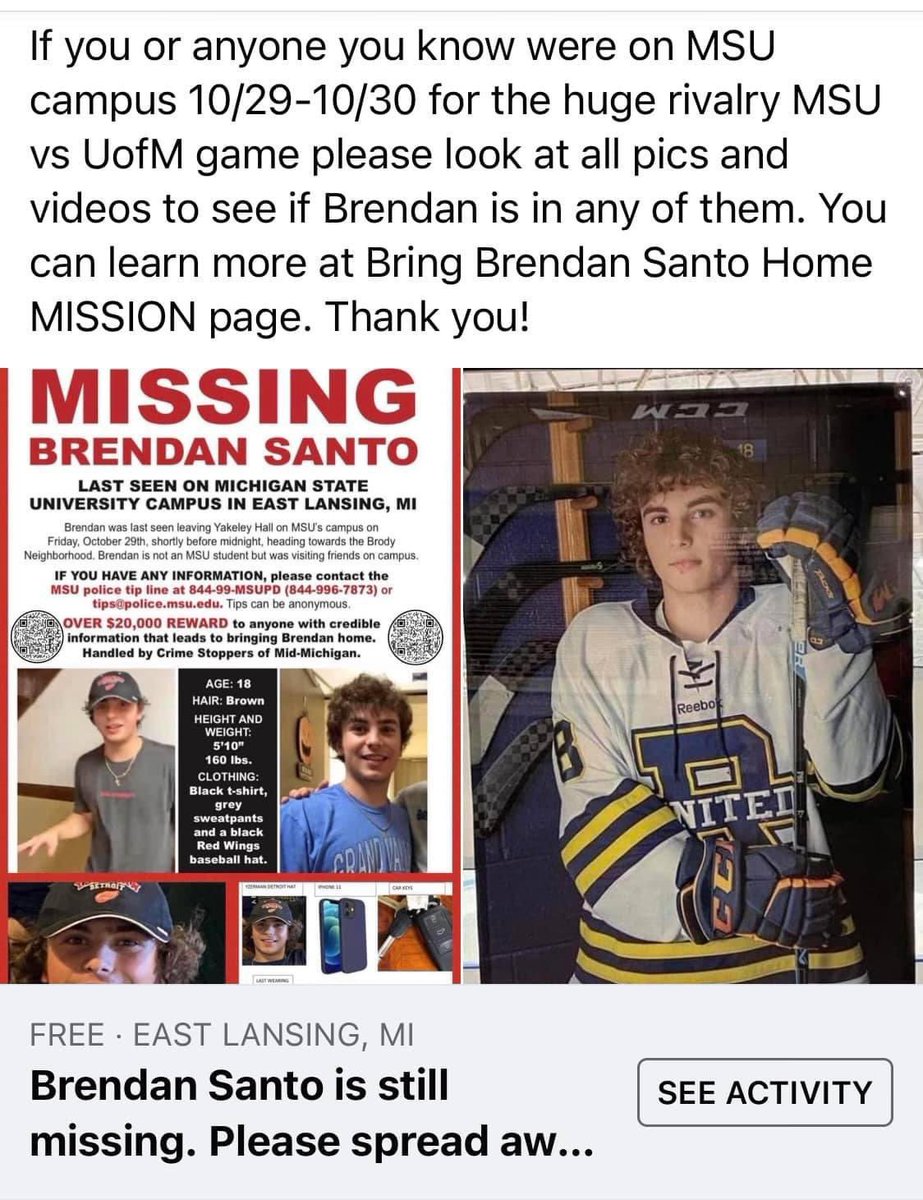 imaflipsider's tweet photo. Still missing!!!If you see something say something. Keep your eyes open. Brendan still has not been found.Disappeared in East Lansing, MI on MSU campus Halloween weekend. He could be anywhere!! Please share! #BringBrendanHome #brendansanto #johnwalsh https://t.co/eJk9REdHAu