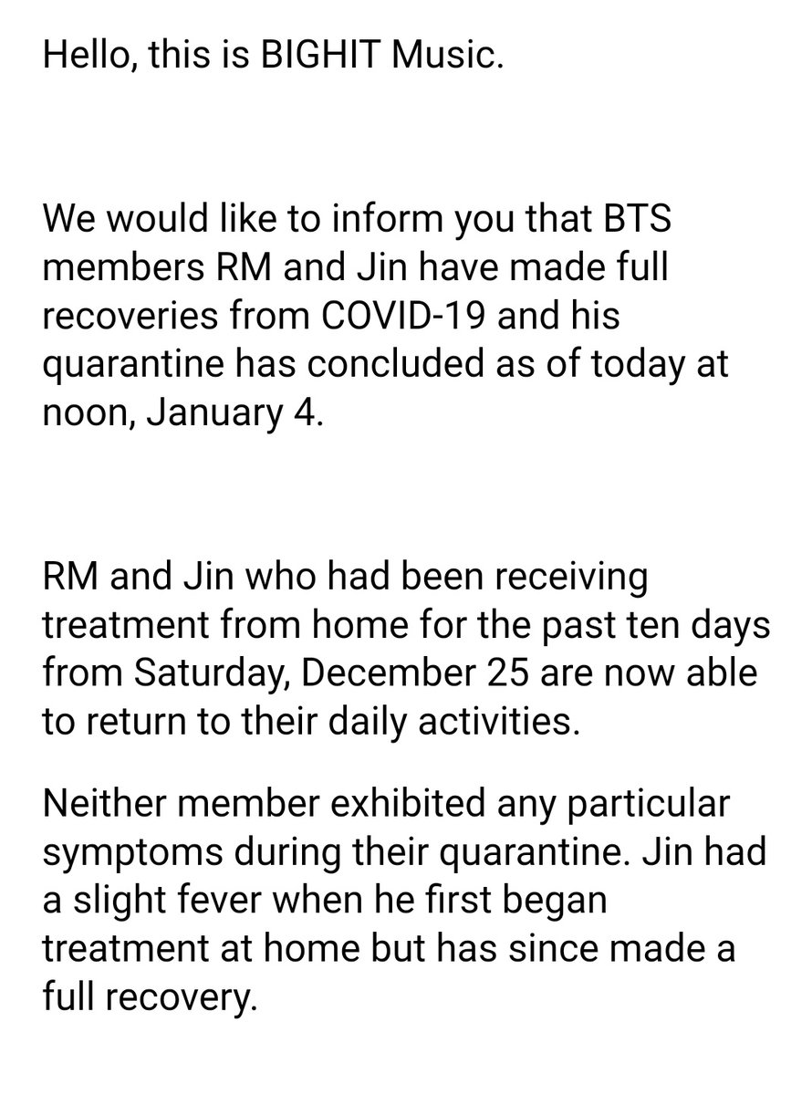 btschartsxdaily's tweet photo. WEVERSE | @BTS_twt's RM and Jin’s Full Recovery from COVID-19 https://t.co/kGn9INXIK9
