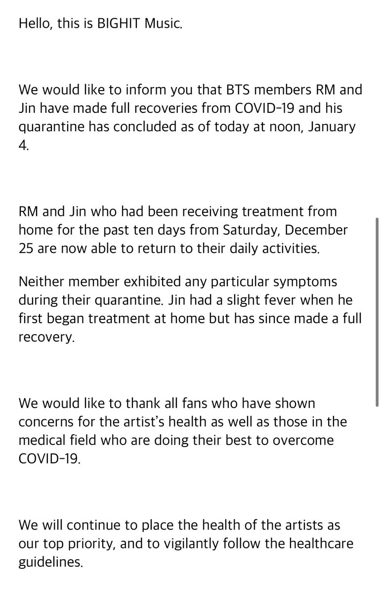 NamJinReportBR's tweet photo. Comunicado oficial da Bighit Music sobre a recuperação COVID-19 dos Namjin 

“Gostaríamos de informar que os membros do BTS, RM e Jin, se recuperaram totalmente do COVID-19 e sua quarentena foi concluída hoje ao meio-dia, 4 de janeiro.” 
VEIO AI ARMYS!! 

@BTS_twt https://t.co/Ju3LVvG8Pi