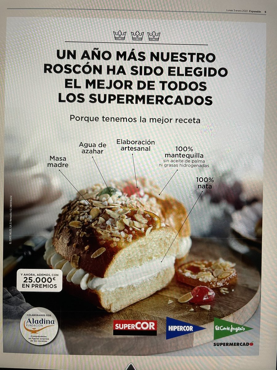jpiedrahita's tweet image. Enhorabuena al #roscón de @elcorteingles. Solo falta un detalle de transparencia y bien hacer para con el #comsumidor del #anuncio. ¿Elegido por qué organismo y bajo qué criterios en el (supuesto) test comparativo de #roscones de #supermercados? Gracias!