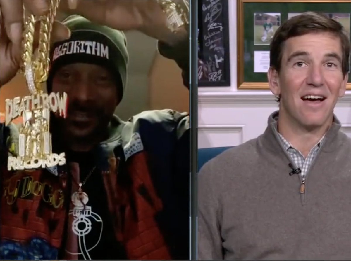 espn's tweet photo. .@SnoopDogg gifted @EliManning a Death Row Records chain for his 41st birthday 🔥

Eli's reaction is priceless 😂 https://t.co/LhVEnwkBHX
