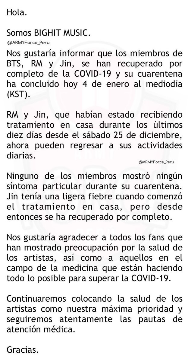 ARMYForce_Peru's tweet photo. [COMUNICADO] 

Trad del comunicado difundido por la agencia BH respecto al estado de salud de RM y JIN @BTS_twt.

Estamos muy felices y agradecidos de saber que los 3 miembros de #BTS se han recuperado satisfactoriamente 💜

—Desde donde estemos, todos, sigamos cuidándonos. https://t.co/v73lPwe7S1