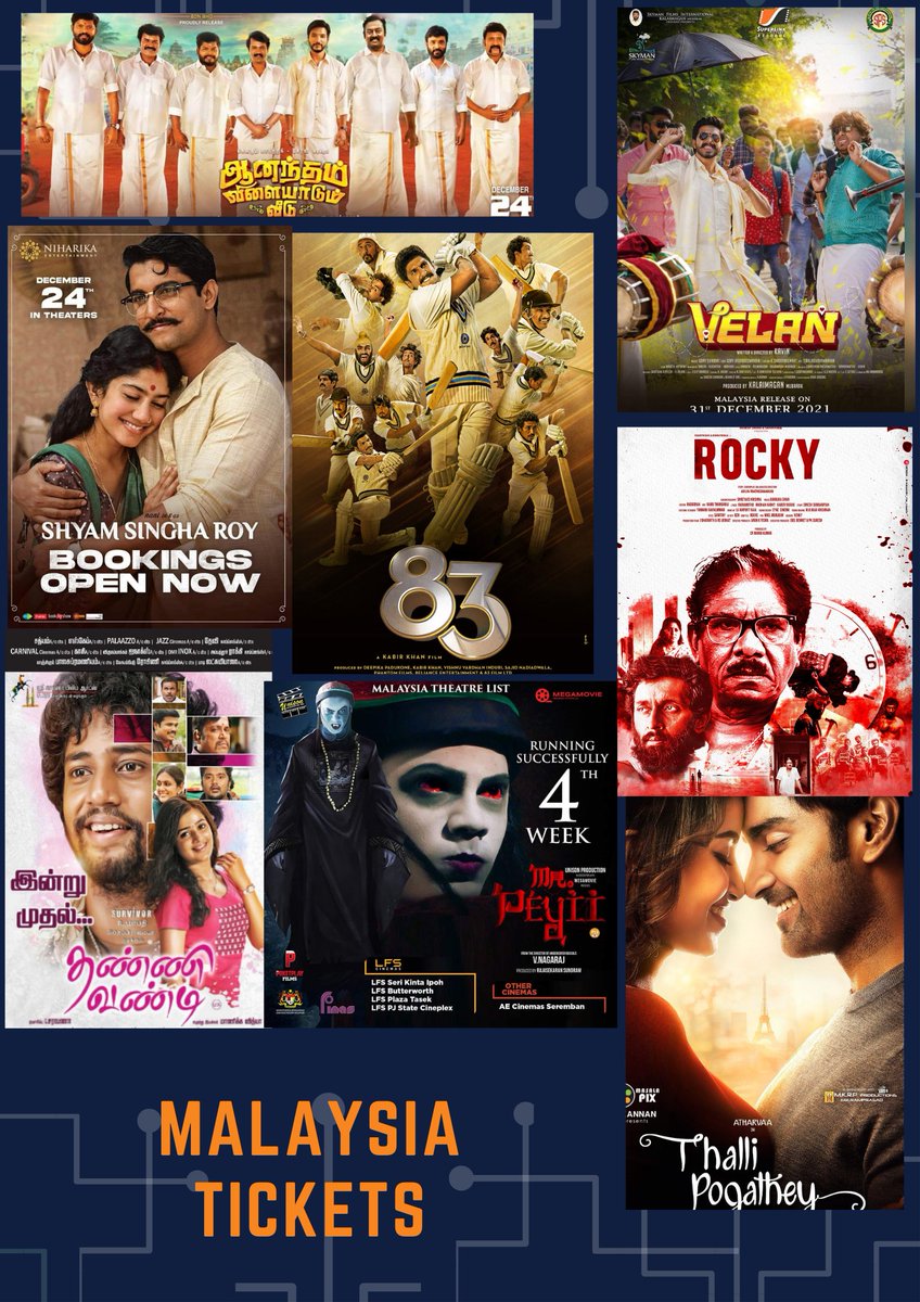 MalaysiaTickets's tweet photo. 04/01/2022 - Tamil, TG, Hindi Movie Showtime in Malaysia!
#ThanneVandi - 6L,13S
#Velan- 38L,197S
#ROCKY - 1L,1S
#AnandhamVilayadumVeedu - 1L,1S
#ThaliPogathey - 6L,21S
#83Movie (H) - 5L,7S
#ShyamSinghaRoy (Tg)- 2L, 3S
#MrPeiyii (local Tamil movie) - 5L, 9S 
@MalaysiaTickets https://t.co/23CzWrytCd