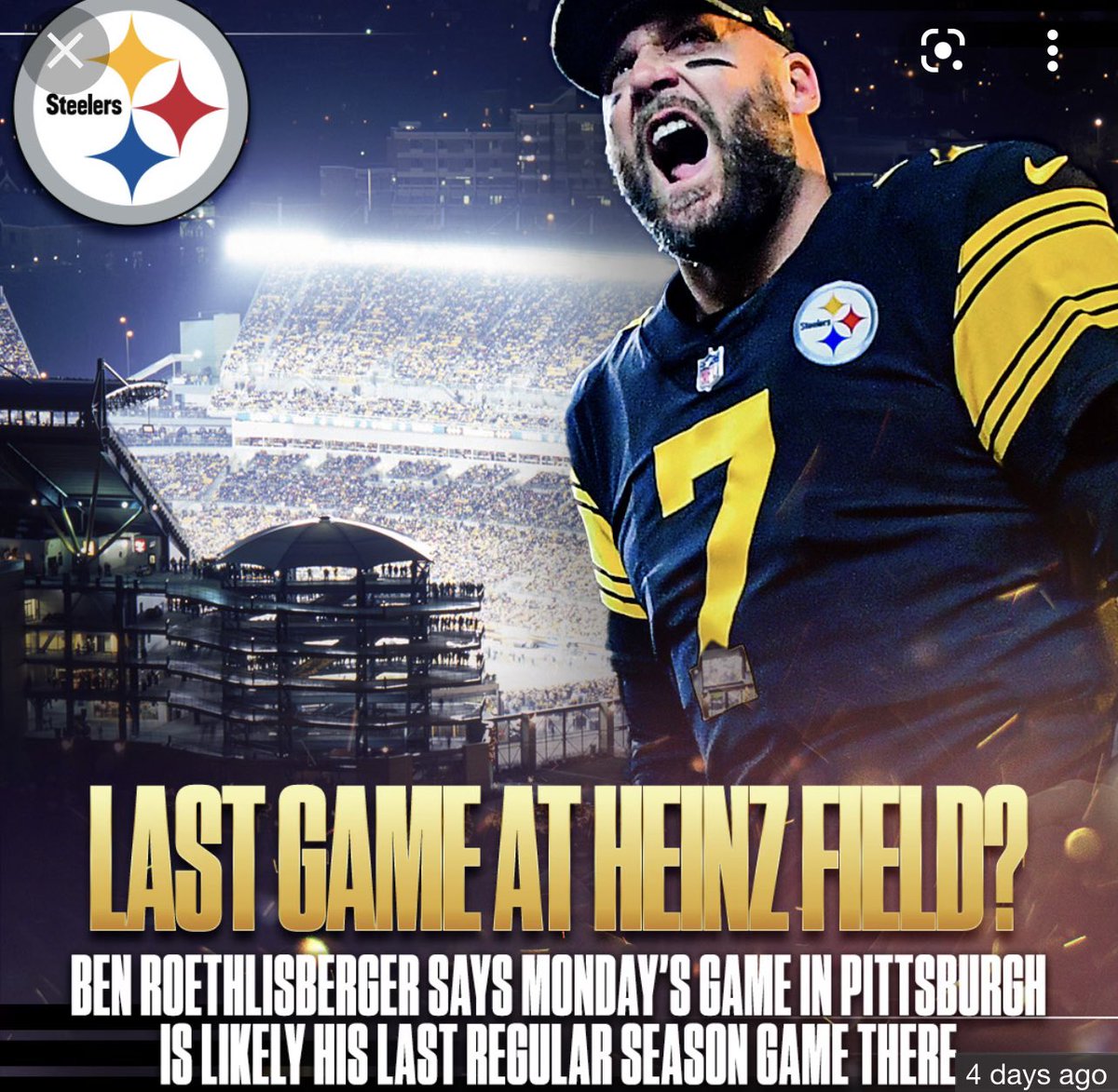 ZacR23's tweet photo. It’s Ben Roethlisberger last game at home he will be a Hall of famer 🙏✊ https://t.co/nr0lxBYErC