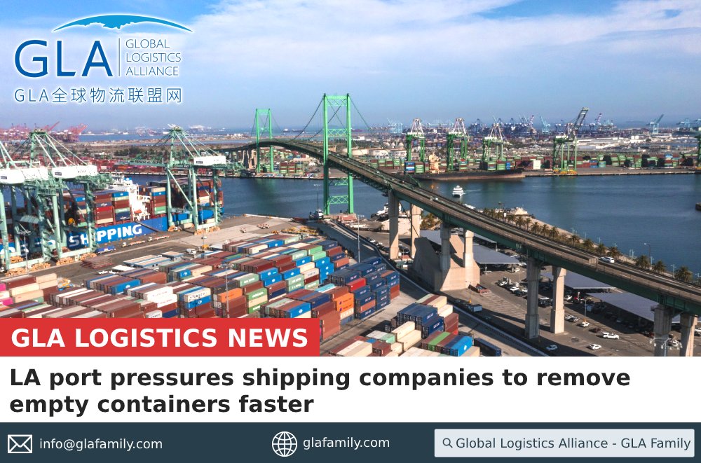 GLA_FAMILY's tweet photo. To remove empty containers faster, the Port of Los Angeles announced next month it will start another 'Empty containers Fee' project to charge empty containers that are stored on marine terminals for nine days or longer. 

Click https://t.co/hQFwh3YVZq to join GLA.

#freight https://t.co/CAP9do8Wnz