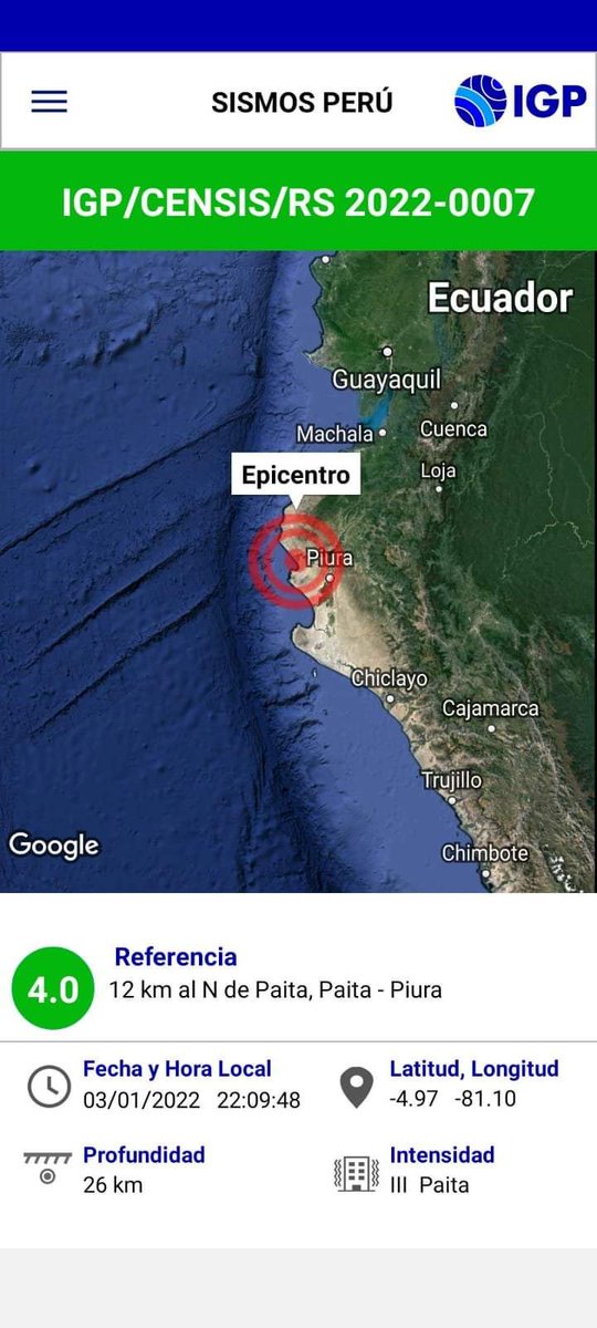 Piura247's tweet photo. 🧿 [SISMO EN #PAITA] 

Un sismo de magnitud 4.0 se registró a las 10:09 p.m., a 12 km al norte de #Paita, y con una profundidad de 26 km, según reportó el @Sismos_Peru_IGP 
#Piura247 https://t.co/M0HbTaqNt2