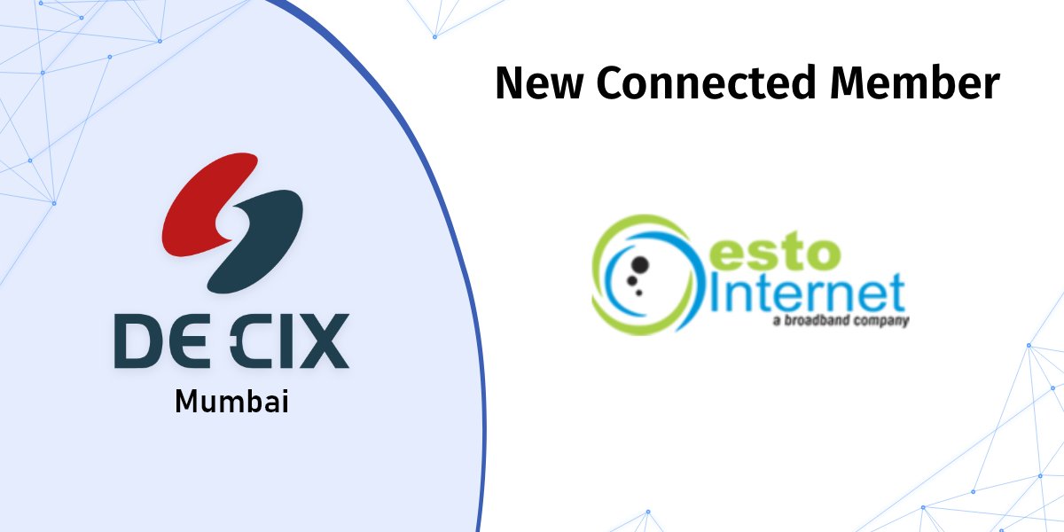 decixindia's tweet photo. DE-CIX India Welcomes  Esto broadband Pvt. Ltd. at Mumbai location.

#DECIXINDIA #Peering #Interconnection #IXP #MumbaiCity https://t.co/ozpXXaOf0i