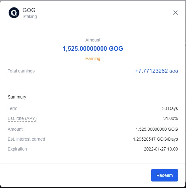 carrera_tiago's tweet photo. If anyone is interested in staking $GOG ,@OKEx  is giving several options for holders. Felxible, 30 and 60 days lock paying some good interest rates. Im uploading the maximum amount of tokens u can stake and the rewards @GuildOfGuardian @GoGAcademy https://t.co/5JrygSlZJK