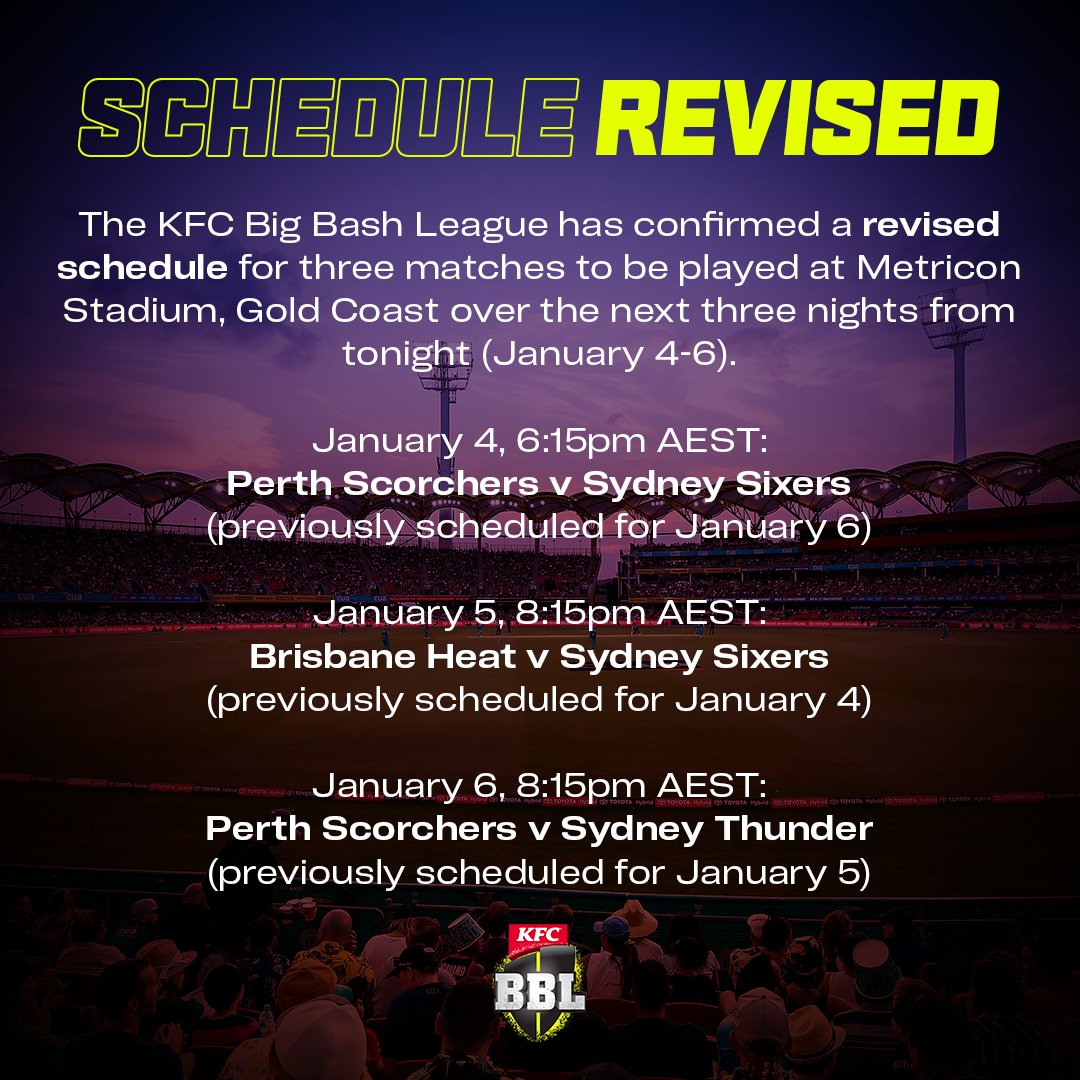 Kfc Big Bash League Due To Positive Rapid Antigen Tests In The Heatbbl Camp Their Appearance At Metricon Stadium Has Been Pushed Back To Tomorrow Night The Scorchersbbl Will Kfc Big Bash League Due To Positive Rapid Antigen Tests In The Heatbbl Camp Their Appearance At Metricon Stadium Has Been Pushed Back To Tomorrow Night The Scorchersbbl Will