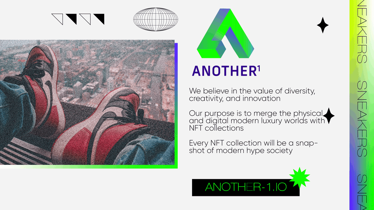 #AN1 👟 believes in the value of #diversity, #creativity, and #innovation🌎
Our purpose is to merge🤝 the physical and digital modern luxury worlds with NFT collections
Every NFT collection will be a snapshot of modern hype society🔥
 #Another1 #NFTs #FashionNFT #sneakerhead
