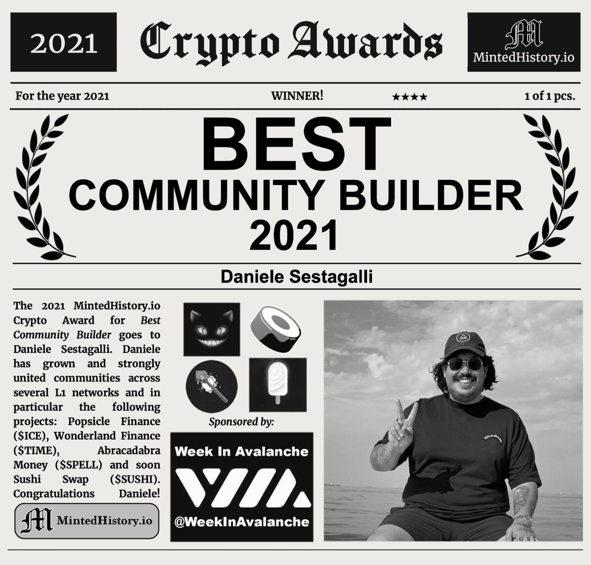 HistoryMinted's tweet photo. Congrats @danielesesta 🎉🐸 for winning Best Community Builder Award 2021 (1 of 1 NFT). Welcome to the halls of Crypto History! You can stake this NFT to earn $HIST &amp; take part in our monthly lottery. #frognation #OccupyDeFi @Wonderland_fi @PopsicleFinance @MIM_Spell @SushiSwap https://t.co/SQyzcv7FPC