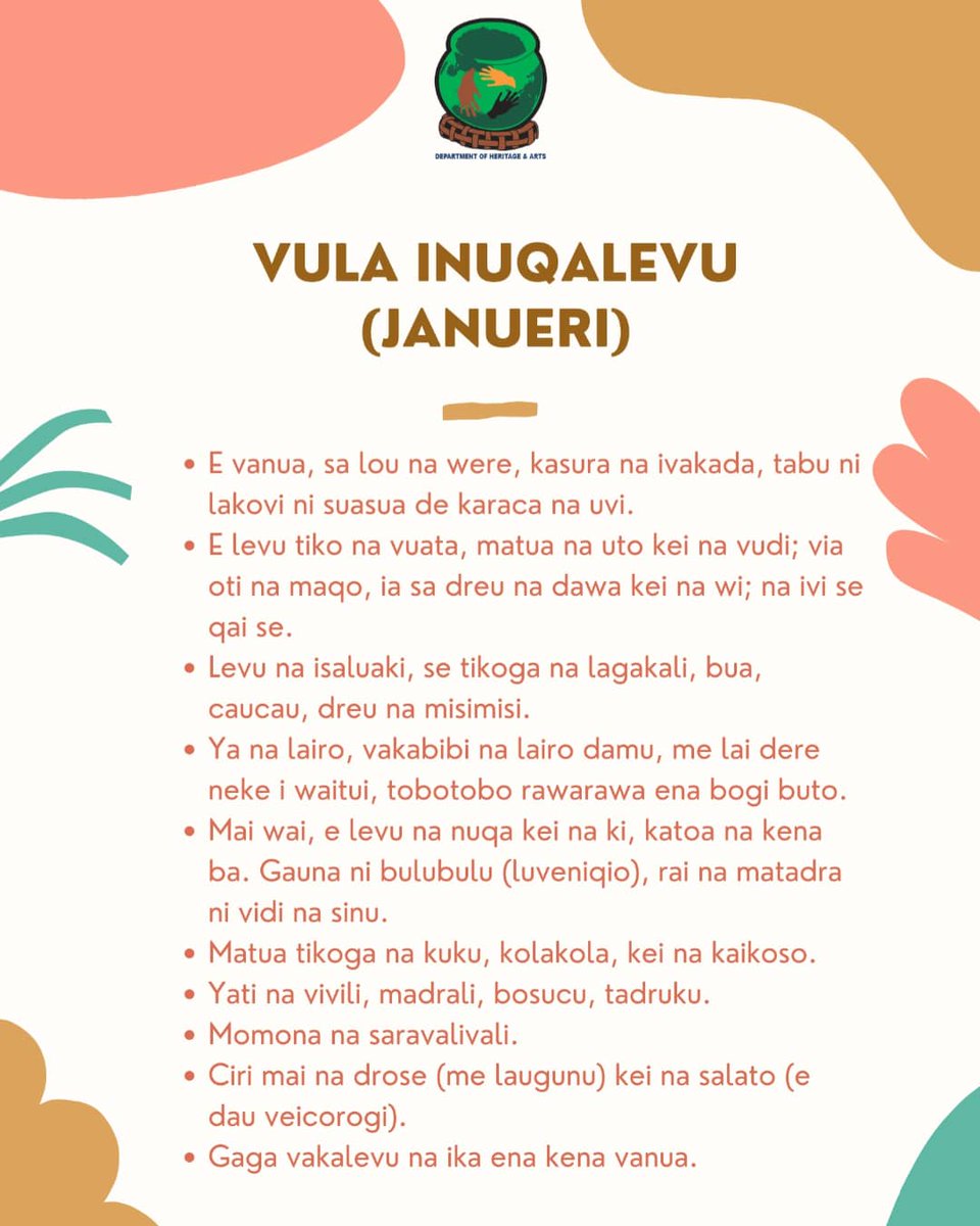 Culture_Fiji's tweet photo. Vula iNuqalevu - Janueri. #VulaVakaviti #FijiHeritage #traditionalcalendar https://t.co/jzE7AkmUDp