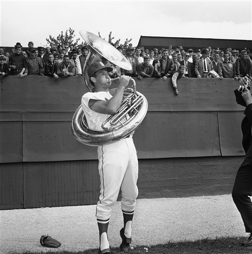 baseballinpix's tweet photo. Bob Uecker playing the tuba prior to Game 2 of the 1964 World Series. https://t.co/h4VcBlw4Hx