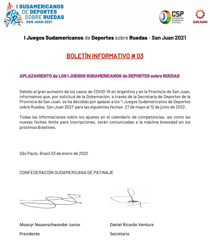 Adjunto encontrarán el Boletín Informativo # 2 de los I Juegos Sudamericanos de Deportes sobre Ruedas San Juan 2021, con información sobre el Aplazamiento de los  I Juegos Sudamericanos de Deportes sobre Ruedas San Juan 2021
