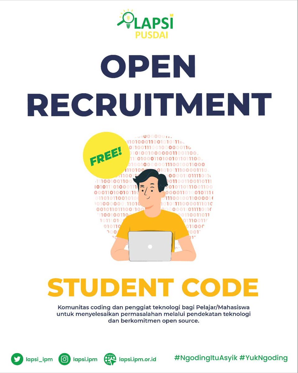 lapsi_ipm's tweet photo. Hallo, guys!

Pusat Data dan Informasi LAPSI ngadain Student Code nih! buat kalian yang suka coding/pemograman.

Nanti kita bakal belajar bareng dan terjun langsung sama sobat ngoding seluruh Indonesia. Pastikan kalian menjadi bagian dari Student Code kali ini ya! https://t.co/Ug7FOxCq3T