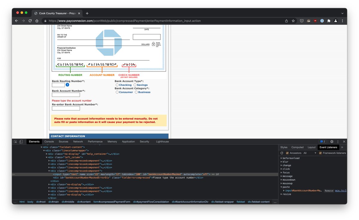 Remember, when people try to stop you from pasting from your password manager, you can often just delete the 'paste' Event Listener. (<a href="/CookCountyTreas/">Cook County Treasurer</a> can you tell Payconnexion to just fix this tho?)