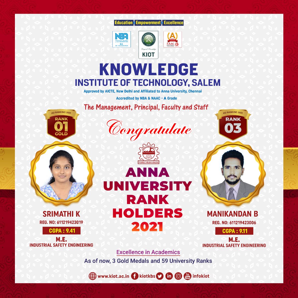 infokiot's tweet photo. Congratulations for Anna University Rank Holders - 2021

About KIOT : https://t.co/cYjmG42IO2

TNEA Code : 2653

For Admission : https://t.co/Km13KShywh

Contact : 98947 01234, 95009 41414 https://t.co/CWUiaiTgtU