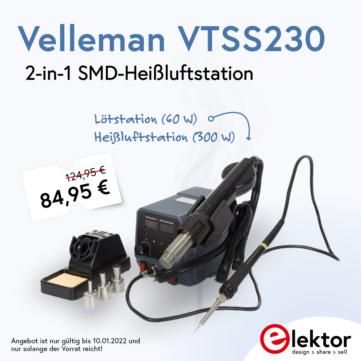 ElektorDE's tweet image. 🔴Velleman VTSS230 – 2-in-1 SMD-Heißluftstation
Perfektes Tool zum Löten und Entlöten von SMD-Komponenten 
💰jetzt 32% sparen! 
➡️ bit.ly/3FWtpnv  
#soldering #smd #smdcomponents #solderingstation #electronics