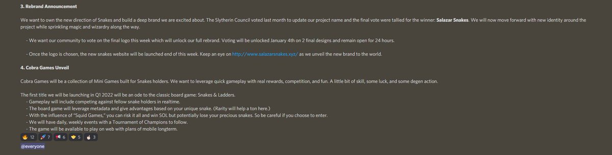 SlytherinSneks's tweet photo. We just dropped a massive progress update in our Discord! tdlr;
1. Snake Alpha
2. Slytherin Dao
3. Rebrand
4. Cobra Games Unveil
5. Introduction of Snake Sacrifice
6. 1/1 Giveaway
7. Community
8. Upcoming events
#Solana #NFTs https://t.co/9eo04GxmQo