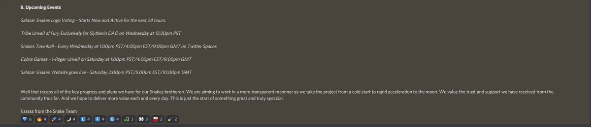 SlytherinSneks's tweet photo. We just dropped a massive progress update in our Discord! tdlr;
1. Snake Alpha
2. Slytherin Dao
3. Rebrand
4. Cobra Games Unveil
5. Introduction of Snake Sacrifice
6. 1/1 Giveaway
7. Community
8. Upcoming events
#Solana #NFTs https://t.co/9eo04GxmQo