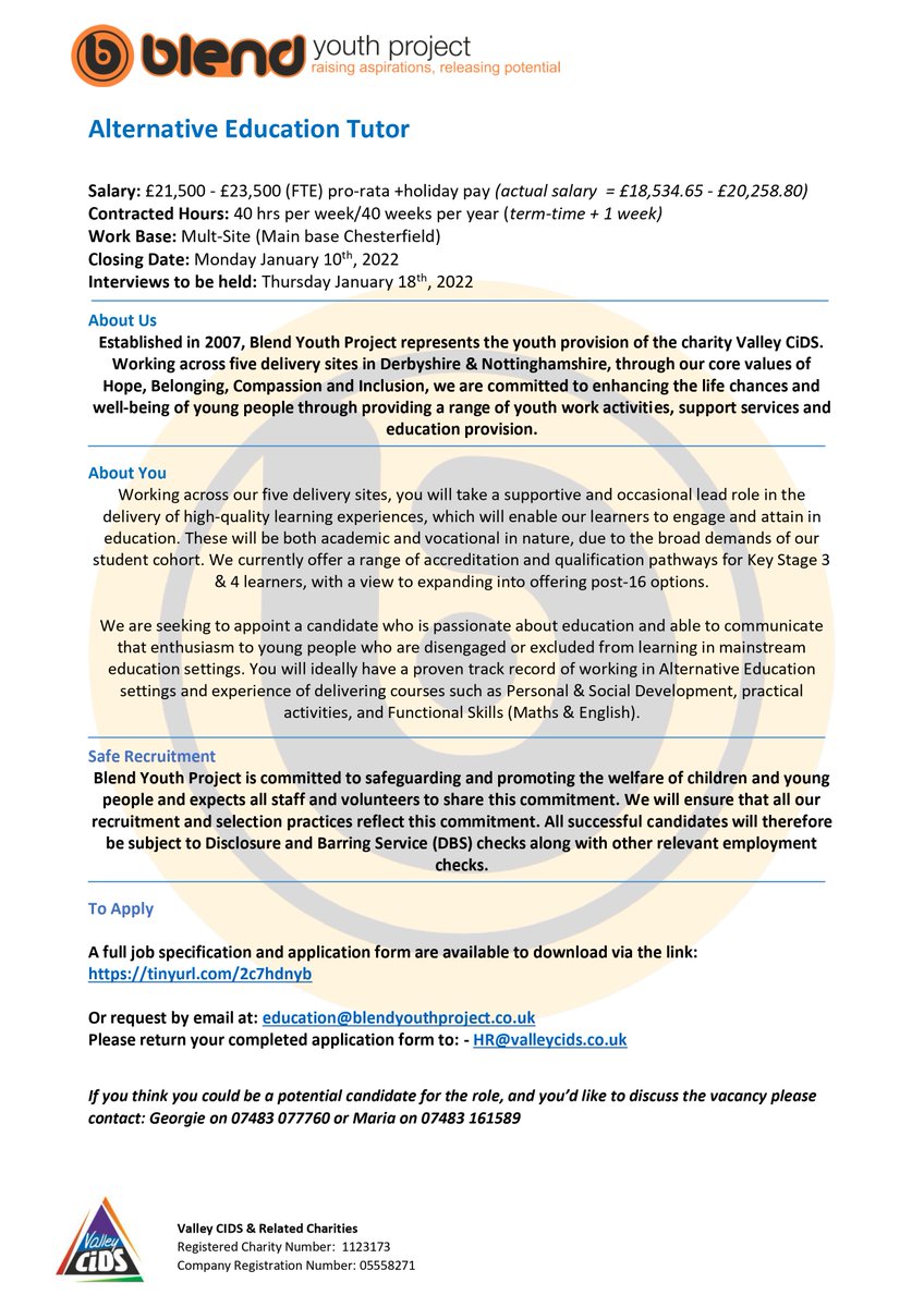 JOB OPPORTUNITY: Alternative Education Tutor
CLOSING DATE: Monday January 10th

We're recruiting for an Alternative Education Tutor to join our team.

Details in the advert below / link to full application pack via link: tinyurl.com/2c7hdnyb