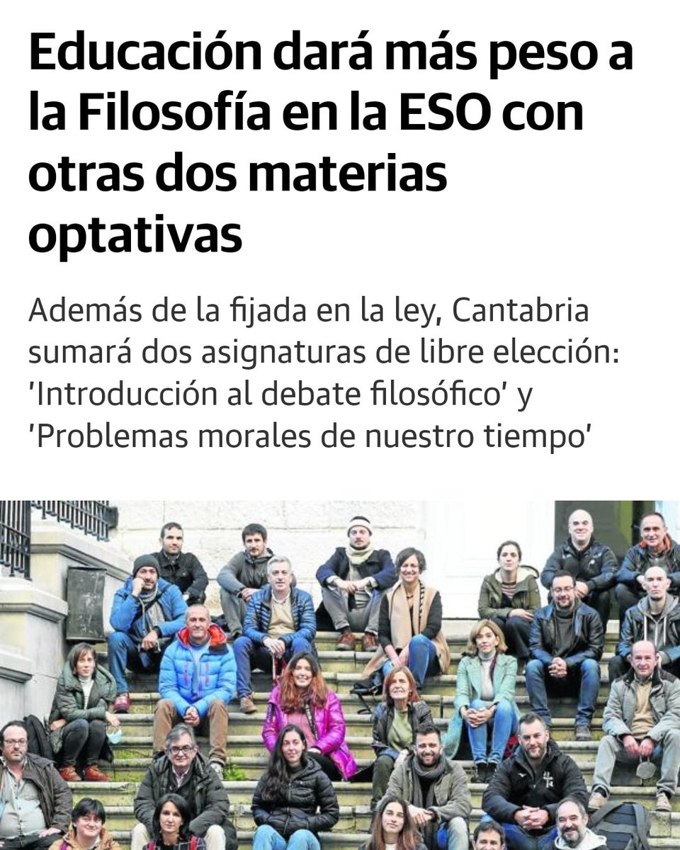 DfensaFilosofia's tweet photo. Cantabria está de celebración, la filosofía se queda en los centros educativos en la etapa obligatoria, con asignaturas tan necesarias y actuales como "Problemas morales de nuestro tiempo". Felicidades por vuestro logro, esperamos que todas las CCAA vayan sumándose. https://t.co/L1BrQlyWYP