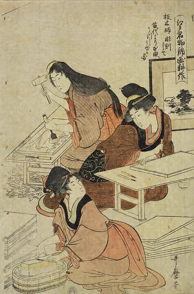 香蝶楼のシショーのあの3枚続きは歌麿の『江戸名物錦画耕作』のまねっこをそのまましてる錦絵なので、歌麿はさらにその先輩ってことですね。 