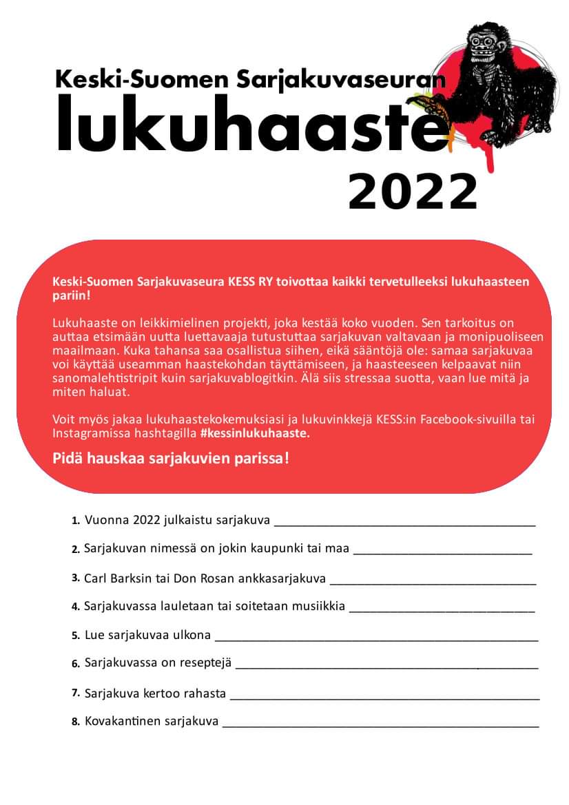 Hn_na's tweet photo. Hei hoi, se julkaistiin! Keski-Suomen sarjakuvaseuran #kessry:n #sarjishaaste lukuhaaste 2022 nimittäin! Nyt on kynnys matalalla lisätä sarjisten lukemista 😄 https://t.co/WTVxyRTXyI