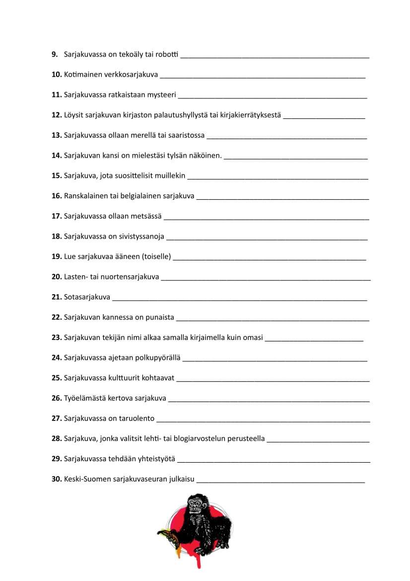 Hn_na's tweet photo. Hei hoi, se julkaistiin! Keski-Suomen sarjakuvaseuran #kessry:n #sarjishaaste lukuhaaste 2022 nimittäin! Nyt on kynnys matalalla lisätä sarjisten lukemista 😄 https://t.co/WTVxyRTXyI