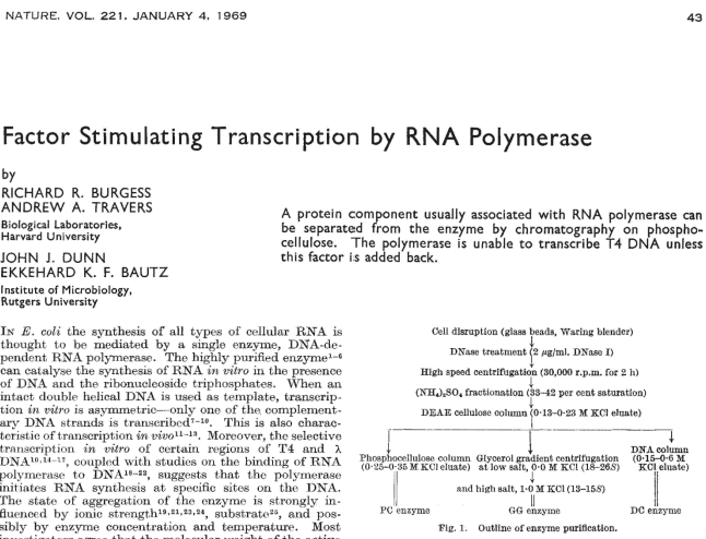 Waksman_Inst's tweet photo. #OnThisDay, on January 4, 1969, Ekkehard Bautz and John Dunne of the Waksman Institute, together with Richard Burgess and Andrew Travers of Harvard, reported the discovery of sigma factor (https://t.co/ee4dDHO2uf). https://t.co/1PYVk4INei