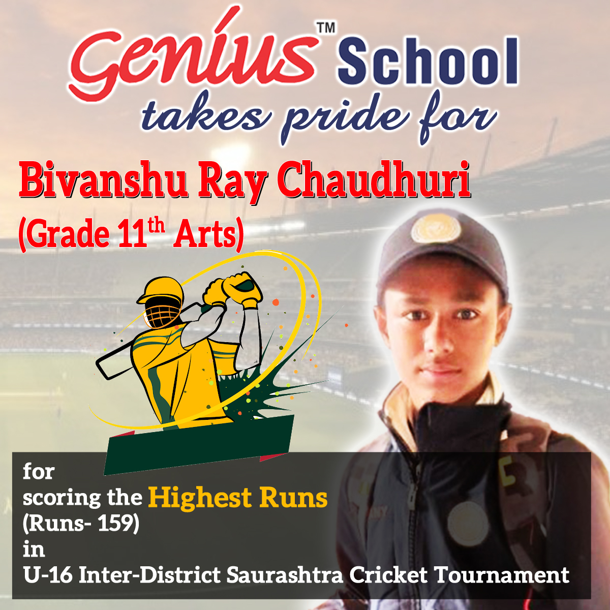 GeniusRajkot's tweet photo. Congratulations Bivanshu for being the highest scorer of runs in U-16 Inter-District Saurashtra Cricket Tournament!!!
#GeniusSchool #GeniusEnglishMediumSchool #education #rajkot https://t.co/zqZkFJmSEP