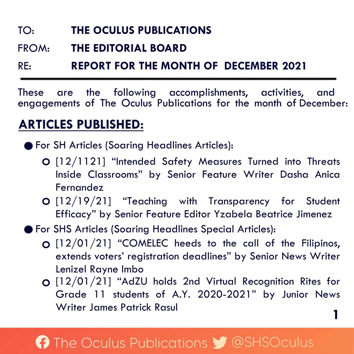 SHSOculus's tweet photo. READ | Here's The Oculus Publications' accomplishment report for December 2021.
For the information of everyone.
#WithTruthAndCourage
#WeWriteWithPurpose https://t.co/vs6f7HJtRH