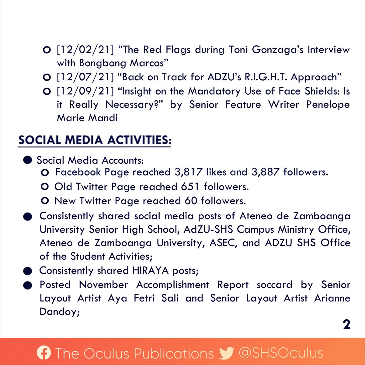SHSOculus's tweet photo. READ | Here's The Oculus Publications' accomplishment report for December 2021.
For the information of everyone.
#WithTruthAndCourage
#WeWriteWithPurpose https://t.co/vs6f7HJtRH