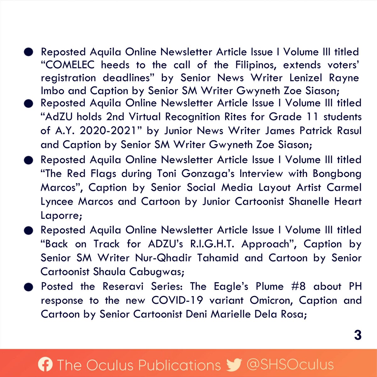 SHSOculus's tweet photo. READ | Here's The Oculus Publications' accomplishment report for December 2021.
For the information of everyone.
#WithTruthAndCourage
#WeWriteWithPurpose https://t.co/vs6f7HJtRH