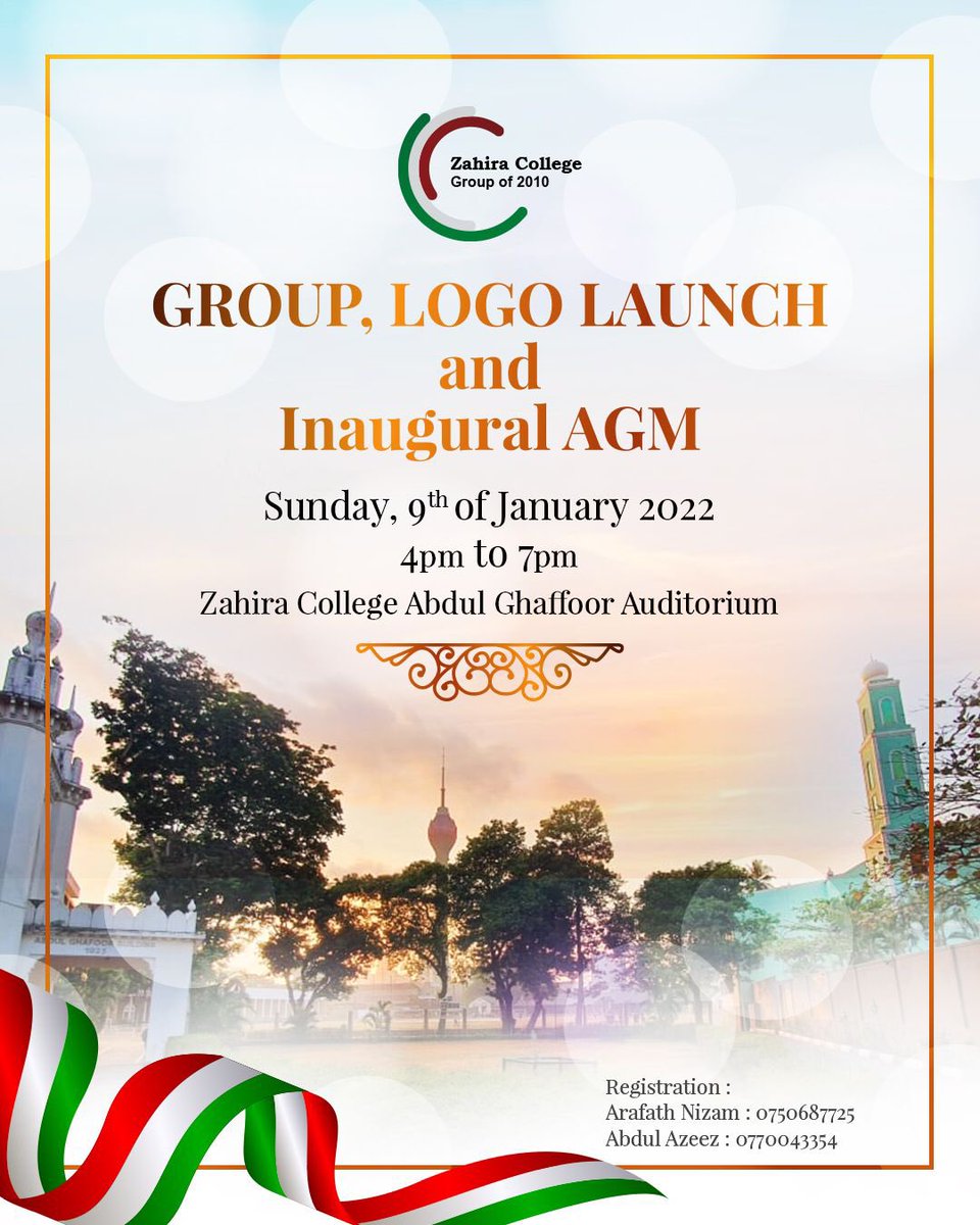 zcc_b19's tweet photo. “The wait will soon be over.”

We are super delighted and proud to announce the Group, Logo Launch &amp; Inaugural AGM of the Group of 2010’s of Zahira College.
(Batch 2010 to 2019)

Witness the most anticipated event of the year.

G10 - Aspiring to serve as ONE
.
#Groupof2010s #G10 https://t.co/HlIRsNTDvB