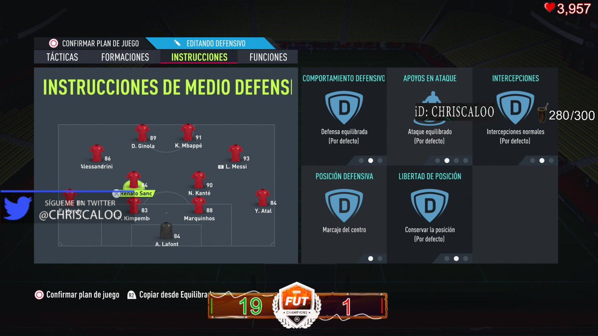🧢INSTRUCCIONES MCD🧢 IZQ‼️

MARCAJE CENTRO

Lo que ya sabemos , hay que cuidar el centro que es donde nos hacen daño.
Para el ataque, libertad para asociarse con todo el equipo 

MC box to box 
Agil 4y4⭐️ 

⚠️ALTO y ALTO ⚠️ en TRABAJO OFENSIVO Y DEFENSIVO

RENATO TOP⭐️