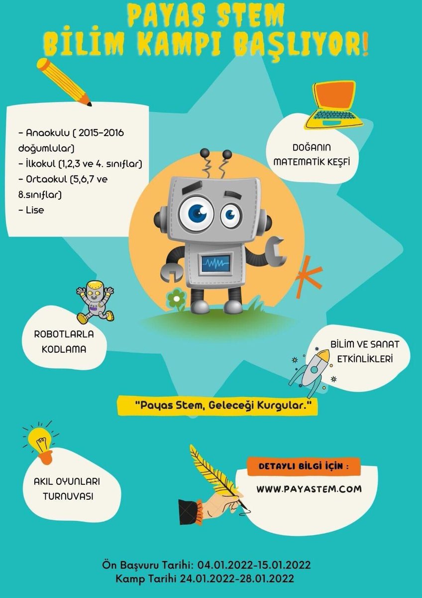 PayaStem Yapay Zeka Merkezi 15 Tatil Bilim Kampı başvuruları başlamıştır. Aşağıdaki linkten başvuruları yapabilirsiniz. payastem.com/kamp.php