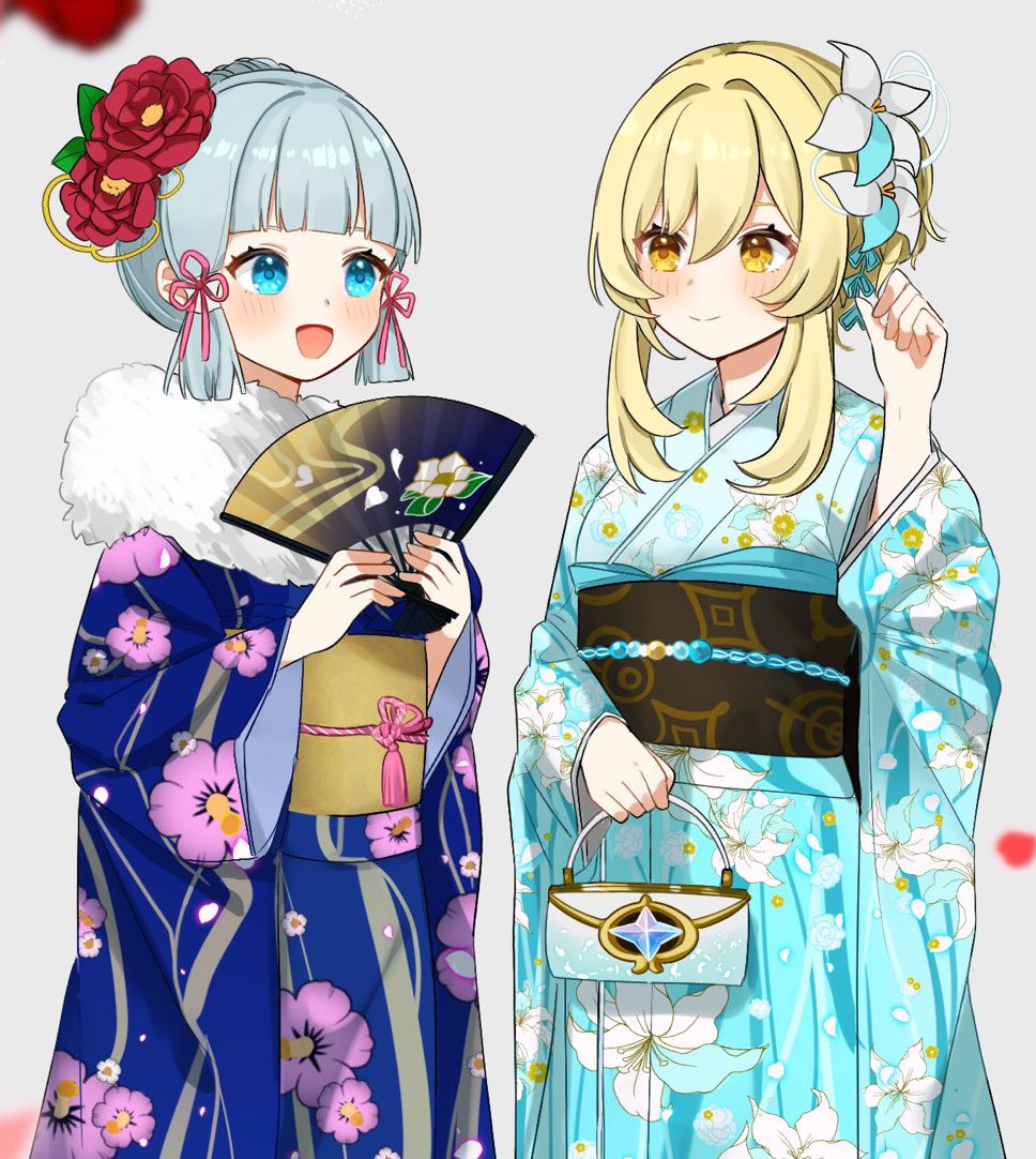 kamisato ayaka ,lumine (genshin impact) multiple girls 2girls japanese clothes flower hair flower kimono hair ornament  illustration images